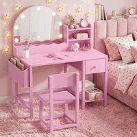 Coiffeuse moderne en bois pour enfants avec table, chaise, miroir lumineux et 2 tiroirs – Idéale pour la vente en gros