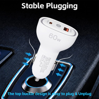 Chargeur de voiture à double port adaptatif 60W GaN Tech PD3.0 QC Type-C Type-A avec indicateur LED pour ordinateur portable, téléphone, tablette, directement de l'usine