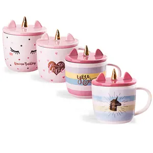 Cute 3D Unicorn Mug Coffee Tea Cup with Spoon Ceramic Travel Mug with Lid and Handle for Woman