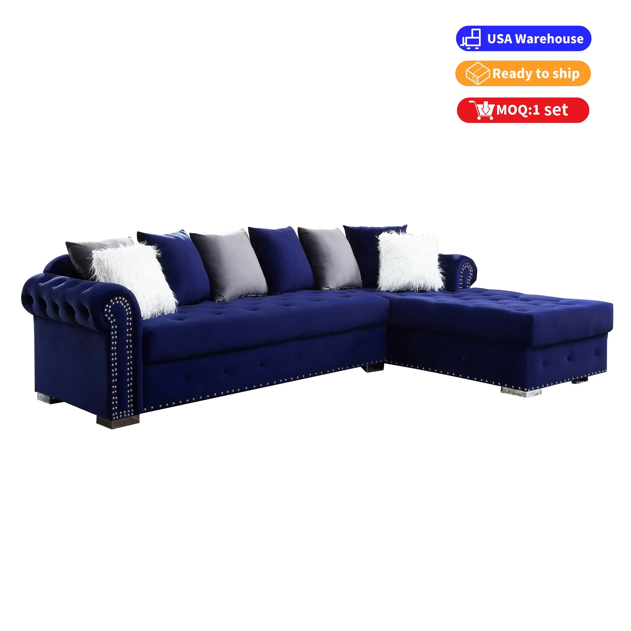 US warehouse in stock American 4 Seater Sectional velvet L shape corner Sofa with Right chaise for living room