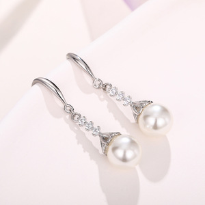 Elegant White Gold <b>Pearl</b> Drop <b>Earrings</b> With Round Brilliant Cut Diamonds For Wedding Women's 925 Silver Classic Style - Product Image 1