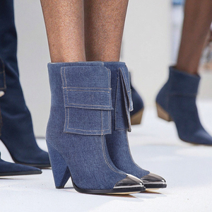 Của Phụ Nữ Độc Đáo Lạ <span class=keywords><strong>Wedge</strong></span> Gót Chân Jeans Mắt Cá Chân Khởi Động Ngắn Thời Trang Màu Xanh Denim Booties Với Kim Loại Nhọn Toe Cho Mùa Đông - Product Image 5