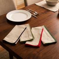 Serviettes de table en coton pur naturel, bordure colorée brodée, ourlet festonné, lavées à la main, écologiques, durables, modernes, carrées 40x40cm