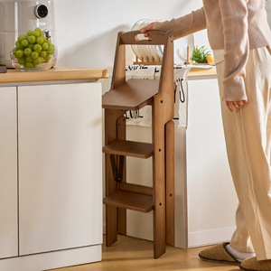 Foldable Step Stool 60.5cm 3-Tier Wooden Kitchen <b>Ladder</b> With Backrest Adult Use - Product Image 2