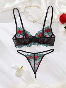 Penjualan laris Set celana dalam Bra seksi malam sejuk bordir bunga jaring elegan seksi - Product Image 5