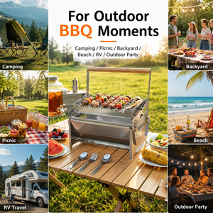 Barbecue <span class=keywords><strong>à</strong></span> charbon de bois rotatif abordable en acier inoxydable, pliable et portable pour le camping, détachable, <span class=keywords><strong>à</strong></span> prix réduit - Product Image 2