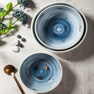 Mangkuk Besar Sereal Porselen 7 Inci 8 Salad Mie Biru Bulat Putih Stabilitas Baik Set Mangkuk Ramen Keramik Emas Campuran Jepang