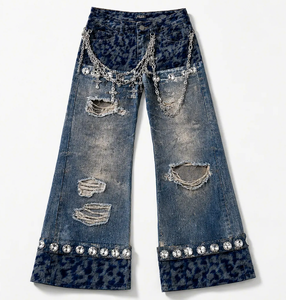 Jean évasé ample pour femme Wangsheng, coupe décontractée, effet vieilli, denim déchiré, respirant, en coton/élasthanne WS-ZL-01-069 - Product Image 1