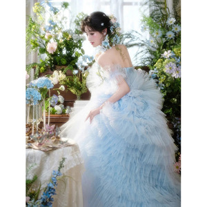 Princess Ball Gown Wedding Dress Tulle Sweetheart Neckline Off The Shoulder Vintage Style Outdoor Photoshoot Gown - Product Image 4