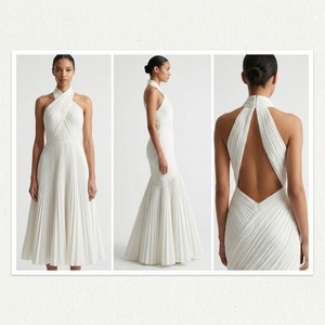 Robe de mariée sirène blanche ivoire à col halter pour <span class=keywords><strong>femme</strong></span>, élégante, texturée ondulée, avec broche dorée, moulante, longueur ras du sol - Product Image 2