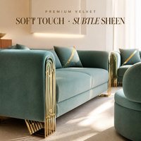 Ensemble de canapés de luxe pour hôtel 3+2+1, canapé rembourré en velours premium avec cadre en métal doré, coussins matelassés, vert sarcelle, salon
