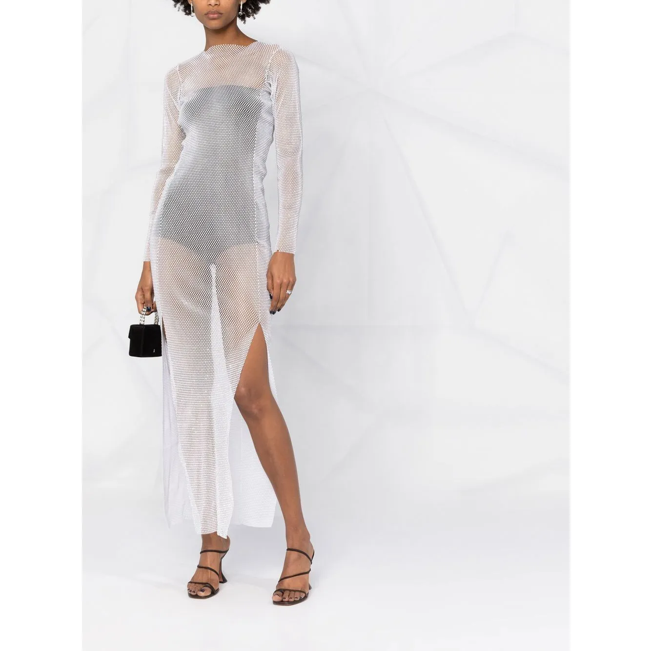 Diamond Mesh Dresses See Through Glittery Club Party Clothing Luxury Rhinestone Sparkled Maxi Embellished Sheer Dress In White