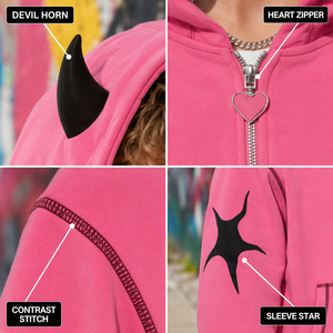 Sweat à capuche streetwear pour homme personnalisé rose vif en molleton épais 420 GSM avec fermeture éclair intégrale, détails de couture contrastants et cornes de diable - Product Image 2