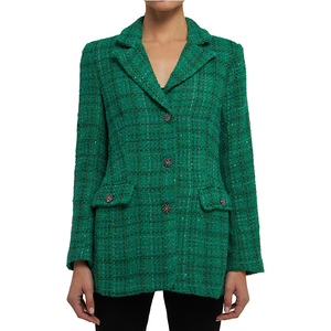 High Quality Custom Long Sleeve Button up V Neck Pocket <strong>Green</strong> Tassels <strong>Sequin</strong> Tweed Long Blazer <strong>Jacket</strong> - Product Image 4