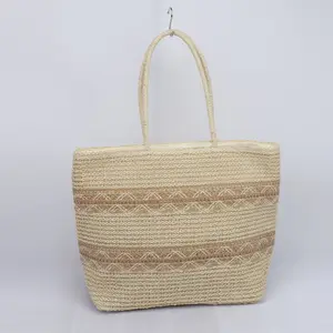 Borsa da spiaggia in paglia di carta all'ingrosso borsa da spiaggia grande borsa da spiaggia in paglia naturale di grande capacità con manici in corda di carta per signora alla moda