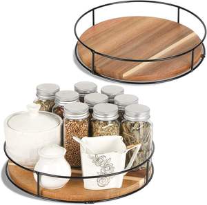 Bandeja giratoria de almacenamiento de madera maciza de forma redonda personalizada, estante giratorio para especias de cocina con lado de Metal - Product Image 1