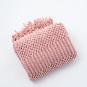 Customization Design Plain Texture Soft Home Decor Mildness Knitted Fleece Fabric Dot Throw Blanket With Tassel