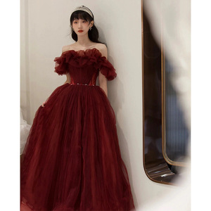 S0477R New One-shoulder Red Temperament Light Luxury Celebrity Banquet Sling Slim Fishtail Annual Meeting Host Wedding Dress - Product Image 4