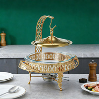 Réchaud de buffet rond en acier inoxydable 3.0L avec brûleur à alcool en verre à motif dentelle dorée, couvercle de chafing dish de luxe léger pour hôtel
