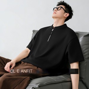 <span class=keywords><strong>T</strong></span>-shirt gaufré personnalisé OEM ODM pour homme, col en <span class=keywords><strong>V</strong></span>, demi-fermeture éclair, manches courtes, coupe ample, respirant, décontracté, é<span class=keywords><strong>t</strong></span>é - Product Image 3