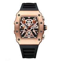 Montre chronographe sport pour homme, boîtier en or rose, cadran ajouré, bracelet en silicone noir, date, montre-bracelet pour homme
