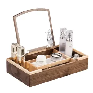 木制化妆储物盒，带镜子的化妆储物盒，用于皮肤护理和香水美容1抽屉托盘