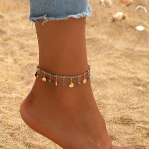 สร้อยข้อเท้าประดับพลอยเทียมสีฟ้ารูปหาดทรายสีฟ้าสุดหรูสายสร้อยประดับพู่ห้อยทำจากหอยเชลล์ - Product Image 6