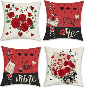 Housse de coussin décorative en polyester type lin avec imprimé cœur d'amour et rose <span class=keywords><strong>rouge</strong></span> pour la Saint-Valentin, 18 x 18 pouces, 4 pièces - Product Image 1