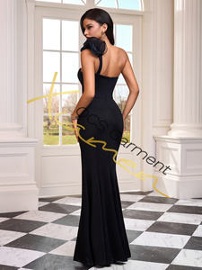 Robe de soirée longue en laine naturelle à taille droite avec imprimé perlé respirant, à épaules dénudées, élégante - Product Image 3