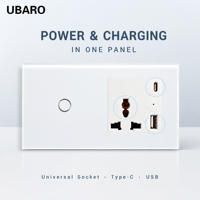 UBARO 146 Temperli Cam Dokunmatik Anahtarlı Evrensel Duvar Prizi USB A Tip C 5V 2100mA Portlu Duvar Güç Çıkışı Ev ve Otel İçin