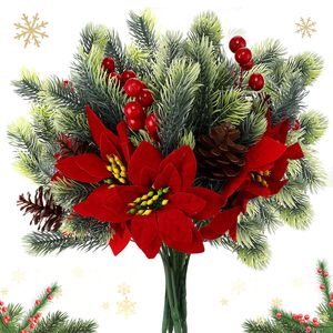 Ramo de Poinsettia Artificial con Agujas de Pino y Conos, Decoraciones Navideñas de Seda - Product Image 1