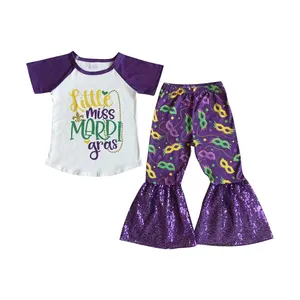 E7-27 Boutique Kid Girls Outfit Sets Little Miss Karneval lila weiß kurz ärmel ige Brille bedruckte Pailletten Bell Bottom Hose