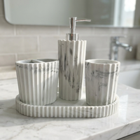 Juego de Baño de Resina de Mármol Blanco Personalizado, Fabricante OEM de Poliresina, Kit Dispensador de Jabón Redondo de 4 Piezas para Compradores de Hoteles
