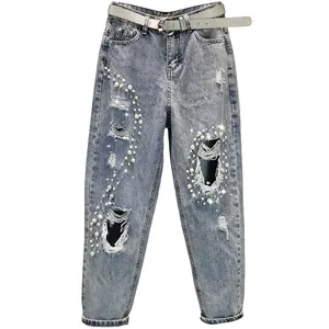 Offre Spéciale lâche jeans femmes clou perle trou déchiré pantalon minceur Harlan saggy pantalon pour dames