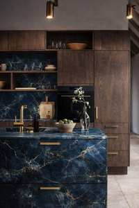 Meubles de cuisine vintage personnalisés VERMONHOUZZ en bois rouge-brun avec îlot incurvé et crédence en carreaux de verre ambré pour <span class=keywords><strong>location</strong></span> - Product Image 6