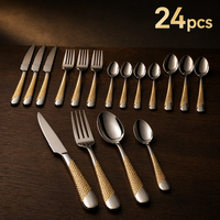 Service de table 24 pièces avec manches martelées dorées, couverts en acier inoxydable 201, finition poli miroir, pour 6 personnes, cadeau de mariage
