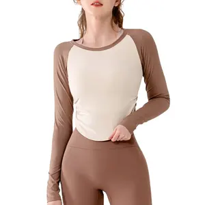 Maglietta sportiva aderente aderente con maniche lunghe da donna per il Fitness abito da Yoga nudo a maniche lunghe