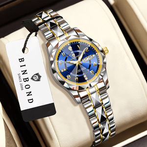 Binbang Women's Quartz Watch Blue Dial Stainless Steel Band Dual Calendar Luminous Waterproof Analog Wristwatch For Female - Product Image 5