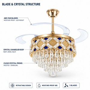 Ventilateur de plafond LED en cristal avec télécommande, moteur DC à 6 vitesses, pales rétractables - Product Image 5