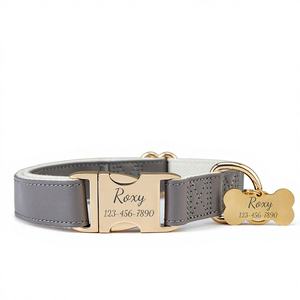 Ensemble collier et laisse pour chien en cuir PU imperméable gris foncé avec plaque de boucle métallique gravée et étiquette nominative gratuite – Cadeau de mariage pour chiot - Product Image 1