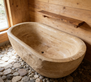Baignoire en pierre calcaire autonome personnalisée, baignoire moderne en marbre pour adultes, adaptée aux salles de bain intérieures d'hôtels ou de villas - Product Image 1