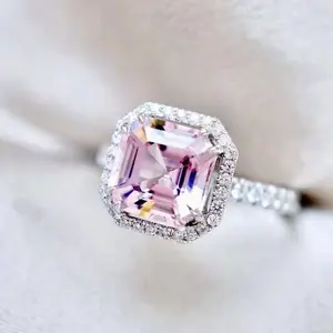 草石魅力女性订婚结婚戒指925镀银魔法公主切割粉色宝石戒指