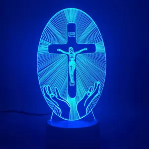 3D रात को प्रकाश मसीह पार उत्तम उपहार यीशु मसीह पर पार 3D ऑप्टिकल भ्रम एलईडी दीपक बेडसाइड सजावट