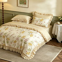 Parure de lit en coton 100% à volants superposés, motif floral jaune pastoral français, style campagne française