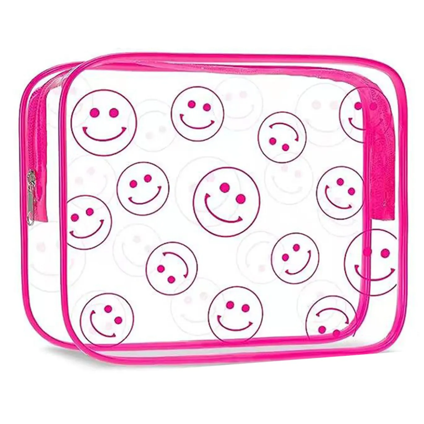 Groothandel Dames Vakantie Cadeau Custom Toiltery Ontwerp Transparante Make-Up Tas Roze Smiley Clear Make-Up Tas