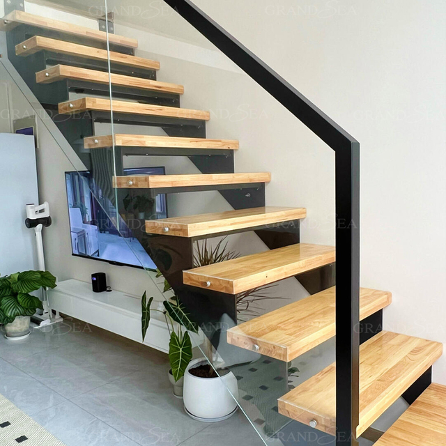 Modern High Quality Indoor Double Stringer Steel Wood U Shape Float Stair Design with Glass Rail