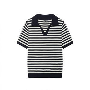 Nouvelle Collection Printemps-Automne 2026 : T-shirt Décontracté Rayé à Manches Courtes en Coton Tricoté Respirant pour Femme - Product Image 1