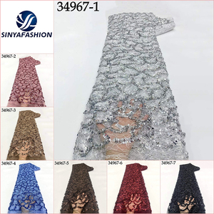 Tissu en dentelle filet <span class=keywords><strong>français</strong></span> Sinya de luxe écologique à sequins 3D, 5 yards, en tulle à écailles de poisson, pour mariage traditionnel et fête Aso Ebi - Product Image 2