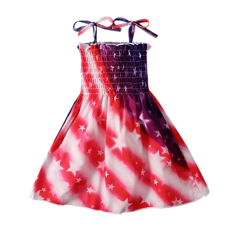 5850 Amerikanische Flagge Independence Day Baby Mädchen drucken Hosenträger Kleid Schnürung Rüschen Smocked Kleid