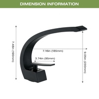 Robinet de salle de bain moderne monocommande noir mat en aluminium spatial avec bec courbé, à montage sur plan, monotrou, mitigeur eau chaude et froide